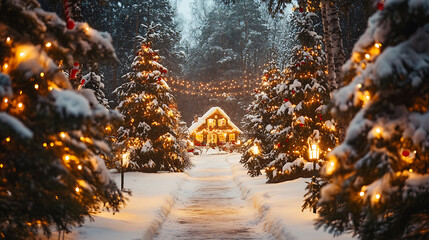 A picturesque snow-covered forest with tall pine trees surrounding a charming Christmas village, warmly lit with colorful decorations 