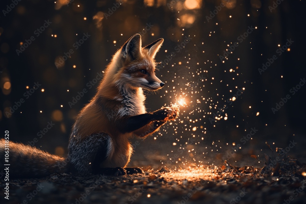Aufkleber in an enchanted forest, a fox is entranced by a floating orb of magic that sheds a shower of gleamin
