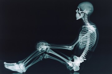 A side profile X-ray of a skeleton sitting with knees bent, hands resting on them, showcasing a serene and introspective stance against a dark backdrop.