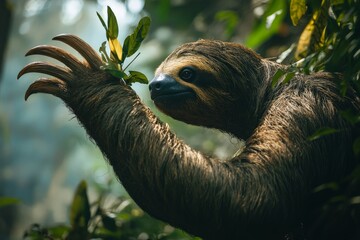 Obraz premium A vivid image of a three-toed sloth reaching for leaves, set against the backdrop of a lush jungle, highlighting its gentle nature and serene environment.