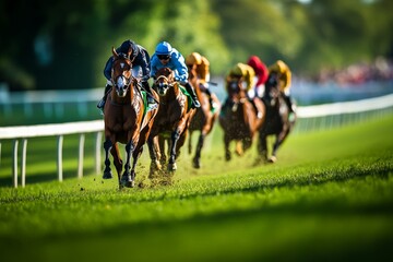 Athletes drive horses forward in a high-speed race, capturing the excitement and strategy of competitive racing sports in a beautiful outdoor setting.