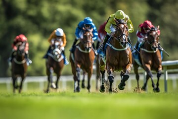 Obraz premium Horses race at full speed in vibrant colors on a grassy track, showcasing the intensity and competitive spirit of equestrian sports in an action-packed scene.