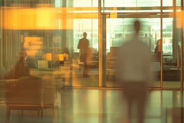 A modern business office interior with blurred figures of people walking and a soft motion blur effect. Ideal for themes related to business,professionalism, teamwork, and modern office culture.