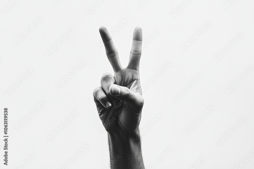 Poster focus on peace gesture in monochrome style, the play of light and shadow highlighting the intricate 