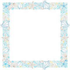Square frame, border of line art tropical sea elements, seashells, starfish. Sea Doodles. Sea decor. Maritime illustration