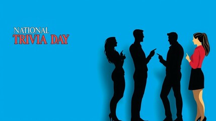 Celebrate National Trivia Day with friends! A group of silhouettes against a blue background, all pointing at each other.