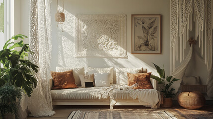 Stylish boho bohemian living room mock up mockup with neutral tones and comfortable tranquil interior design framed wall art sunny airy lace curtains comfortable welcoming romantic cottage core decor	