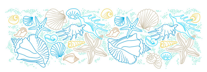 Frame, border, vignette of line art tropical sea elements, seashells, starfish. Doodles of marine life. Sea decor.