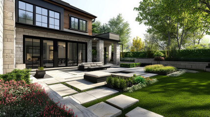 Obraz premium Elegant garden view of a modern residential home with manicured lawns and diverse plantings in bright daylight