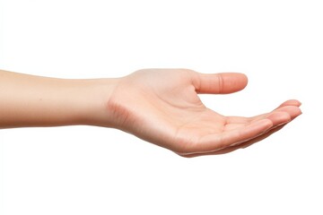 A human hand is seen open and reaching out against a crisp white background, signifying openness, giving, and receiving, captured with soft, natural lighting.