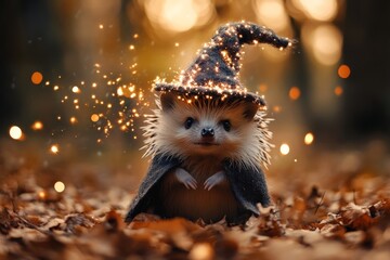 Obraz premium A whimsical hedgehog dressed as a sorcerer, surrounded by floating sparks in an autumn forest, creating an aura of magic and wonder in a delightful setting.