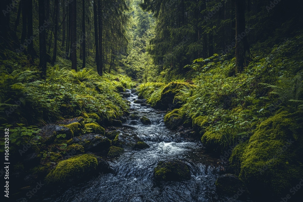 Poster a tranquil forest scene with a gentle creek meandering through dense greenery, moss-covered rocks, a