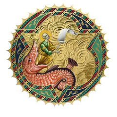 Fototapeta premium Saint Jonah and the Whale. Religious decorative sun- dome. Illustration in Byzantine style isolated