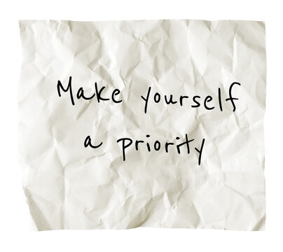 PNG motivational self-love quote, crumpled paper clipart, make yourself a priority