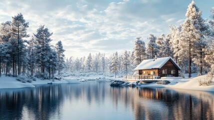 A tranquil winter landscape featuring a log cabin by a frozen lake surrounded by snow-covered trees during a clear day
