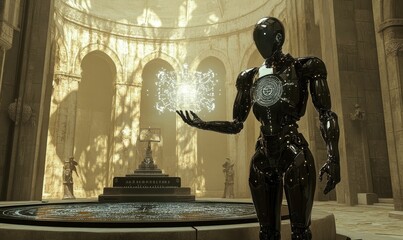 Black robot in ancient stone hall.