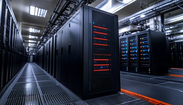 Quantum server network with quantum computer machine in server room, Quantum server network, quantum computing, 
