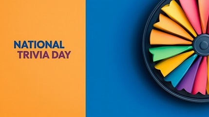 A colorful wheel of fortune on a blue background with the text 'National Trivia Day' on an orange background.
