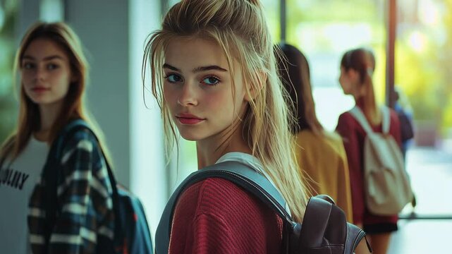 A young woman with long, blonde hair looks over her shoulder while walking in a hallway