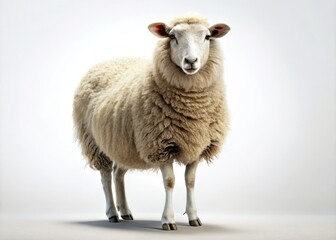 Naklejka premium Lone sheep stands on a stark white background, symbolizing solitude and vulnerability in conceptual photography, evoking reflections on isolation and the essence of existence.