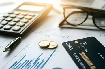 A financial workspace featuring a calculator, coins, a pen, glasses, and a credit card. AI Image