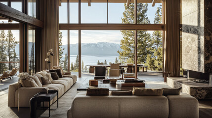 Modern living room with expansive views of mountains and forest during sunset in a glass-walled home