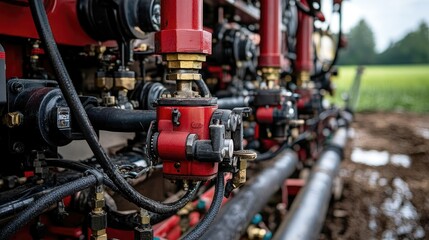 Agricultural hydraulic system with visible pipes, valves, and connections, field in background.