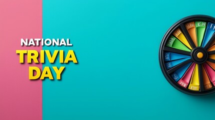 A colorful spin wheel sits on a blue background with the text "National Trivia Day" in white and yellow letters. Celebrate the day with a game of trivia.