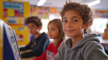 Children engage in interactive learning at a colorful classroom with computers during a bright afternoon