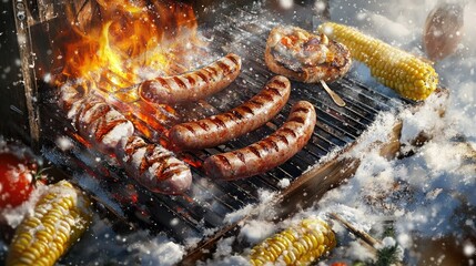 BBQ grill with winter treats, including grilled sausages and corn, surrounded by snow.