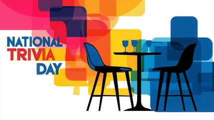 A graphic design celebrating National Trivia Day, featuring a table with two chairs and wine glasses. The graphic design utilizes colorful geometric shapes.