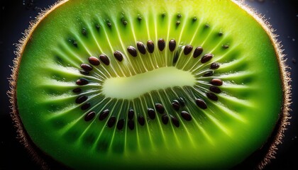 High-Resolution Macro Shot of a Freshly Sliced Kiwi Fruit Revealing Vivid Green Flesh, Intricate Seed Patterns, and Radiating Juicy Texture. Ideal for Health, Nutrition, and Wellness Themes