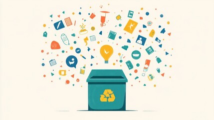 Creative recycling bin surrounded by vibrant symbols of sustainability, ideas, and innovation illustrating the importance of eco-friendly practices
