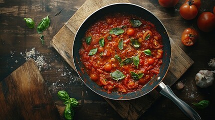 Classic tomato sauce in a pan, top view, brown background with wood cutting board