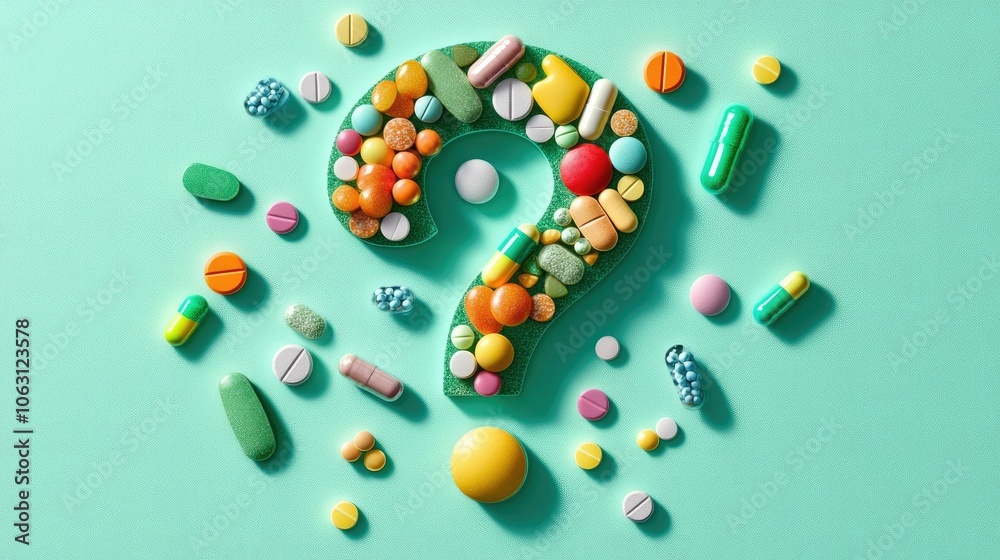 Poster clear question mark filled with various tablets, capsules, and medicines, emphasizing health queries