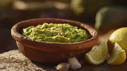 Close-up of guacamole in a clay bowl, with lemon wedges and garlic cloves beside it.