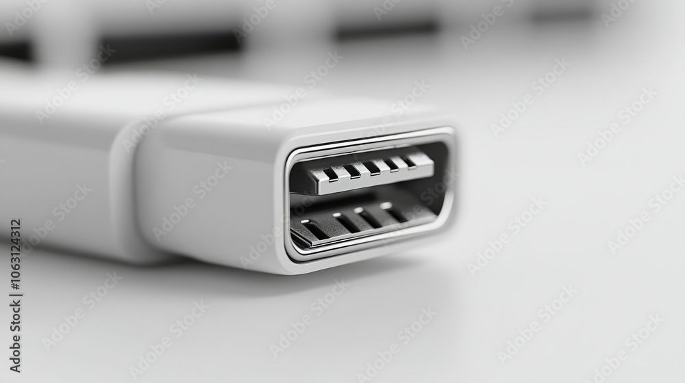 Poster close-up usb plug, isolated on white background with sharp focus on connector