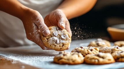 Close-up of a hand dusting powdered sugar over a freshly baked chocolate chip cookie.