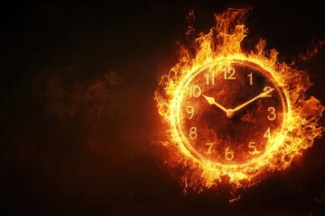 Flaming Clock Face with Golden Hands and Numerals