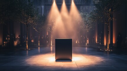 A mysterious black monolith illuminated by warm lights in a serene urban park setting during twilight hours