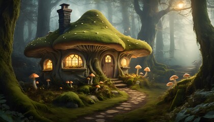 Fototapeta premium fantasy woodland mushroom house with glowing windows