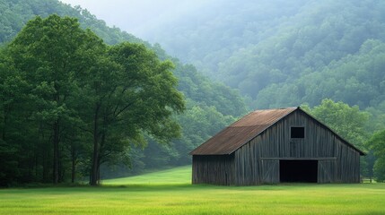 Fototapeta premium Serene Barn Surrounded by Lush Greenery and Hills