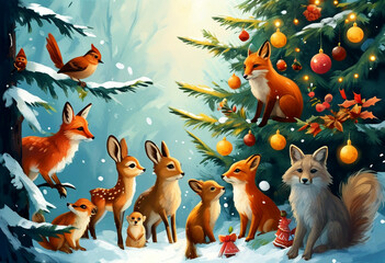 Naklejka premium Magical winter gathering of woodland creatures near a decorated evergreen tree