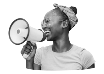 Png black woman with megaphone in black & white, transparent background