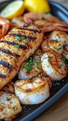 Delicious grilled seafood platter featuring shrimp, scallops, and fish, beautifully garnished with fresh lemon.