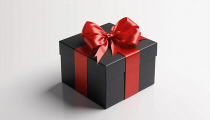 Fototapeta premium festive black box with red ribbon on white background