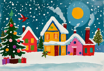 Colorful winter village with snow, festive houses, and holiday decorations in the evening