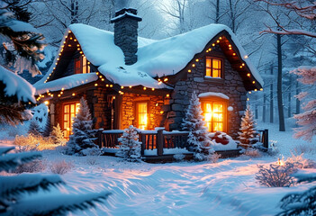 Fototapeta premium Cozy winter cabin adorned with twinkling lights in a snowy forest at dusk