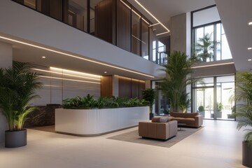 Fototapeta premium Elegant high-end lobby featuring luxurious designer furniture and sophisticated decor for an upscale ambiance.