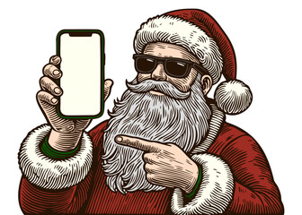 Stylish Santa Claus Holding Smartphone in Hand-Drawn Style for Modern Christmas Promotions and Digital Holiday Concepts. Vector illustration isolated on white